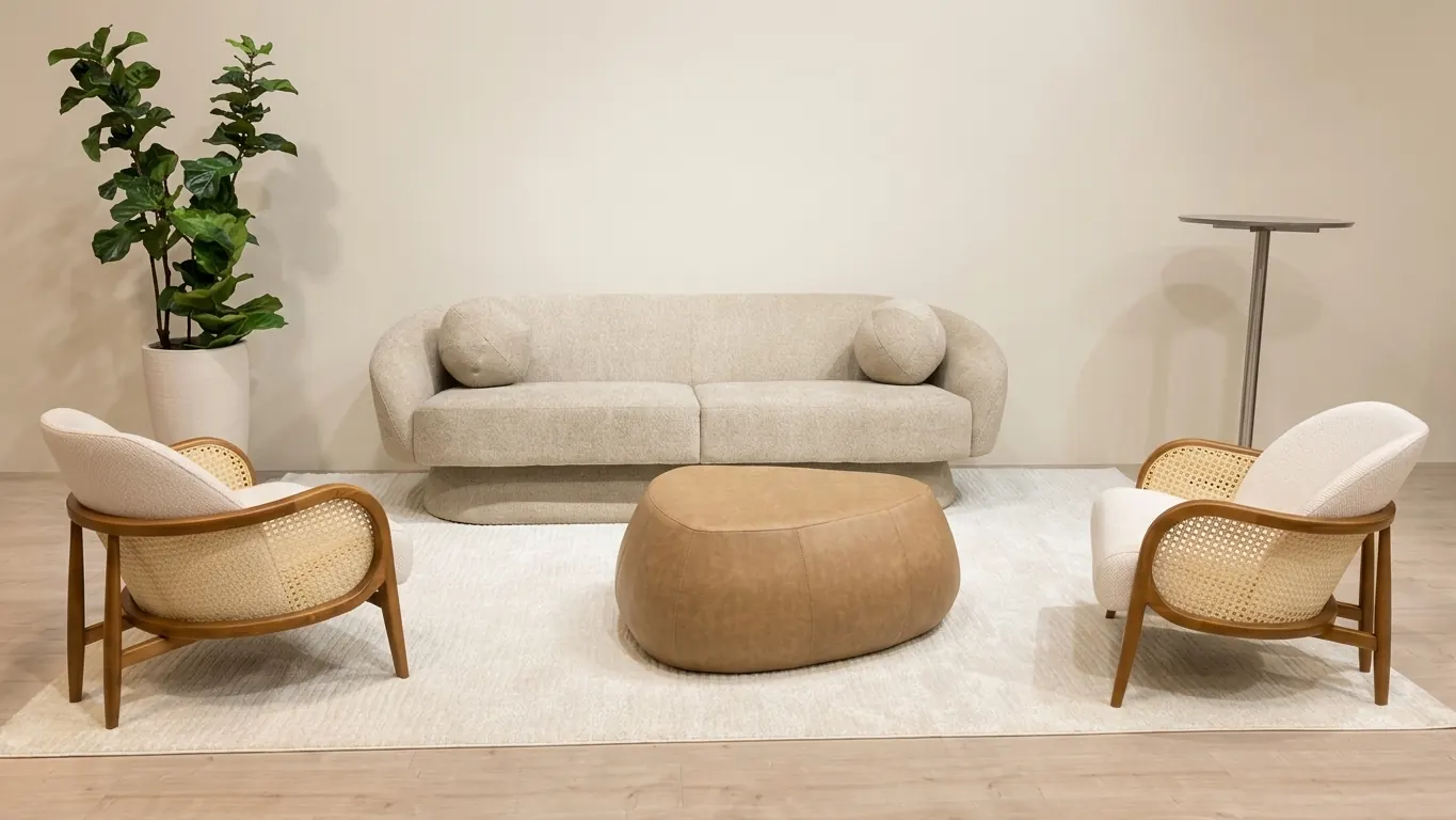 Ambiente com sofá, poltronas em madeira com palhinha e puff