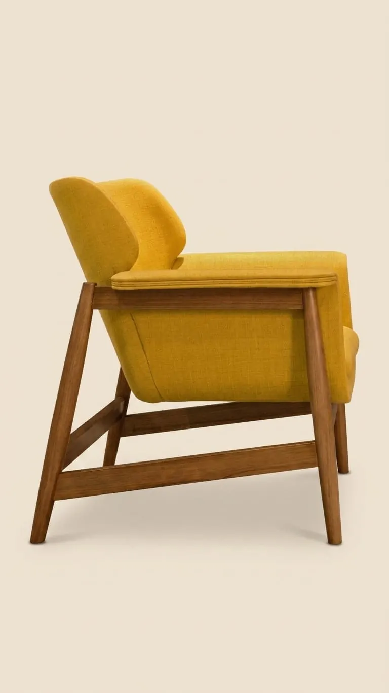 Poltrona em madeira com estofado amarelo mostarda, vista lateral
