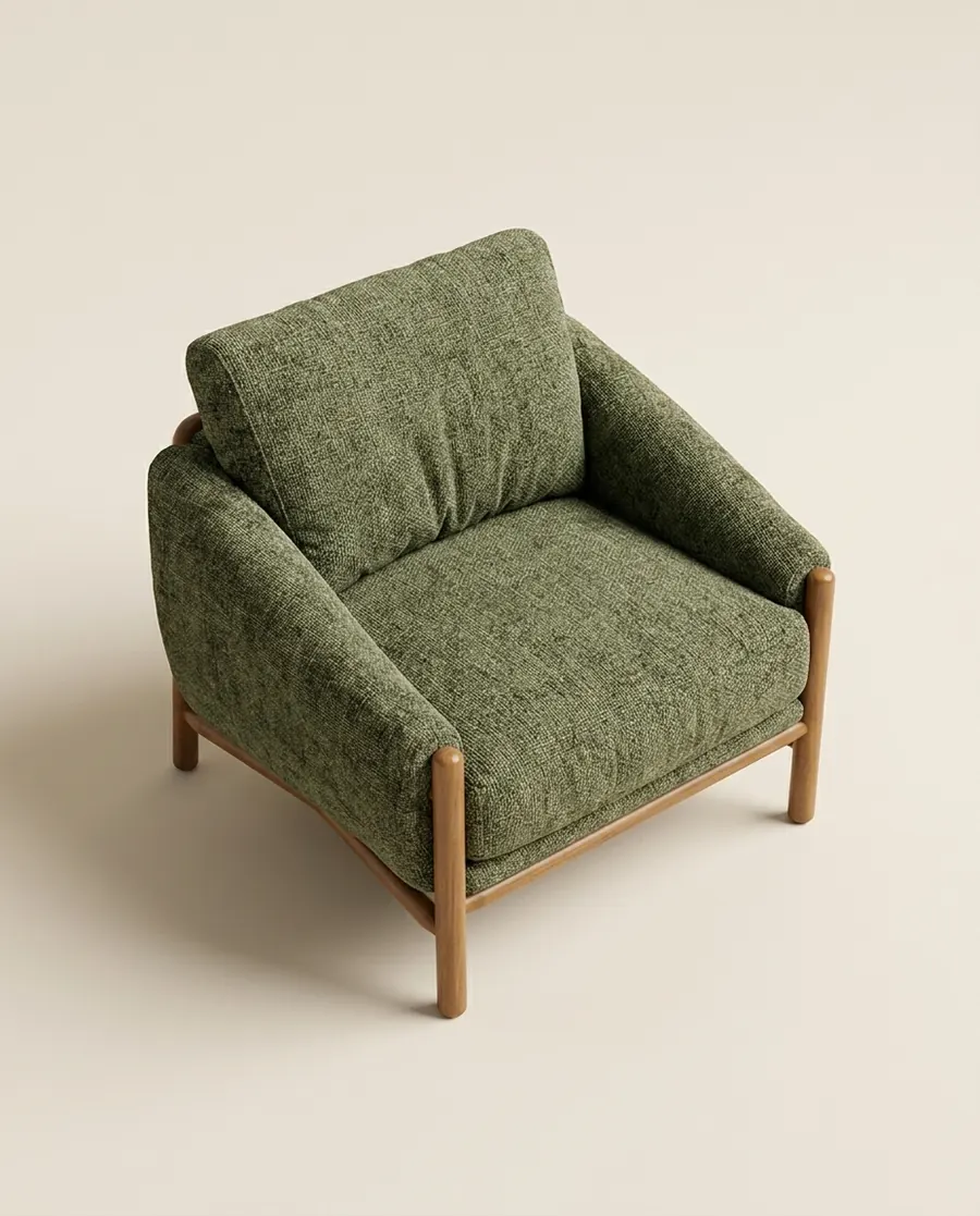 Poltrona com base em madeira e estofado verde musgo